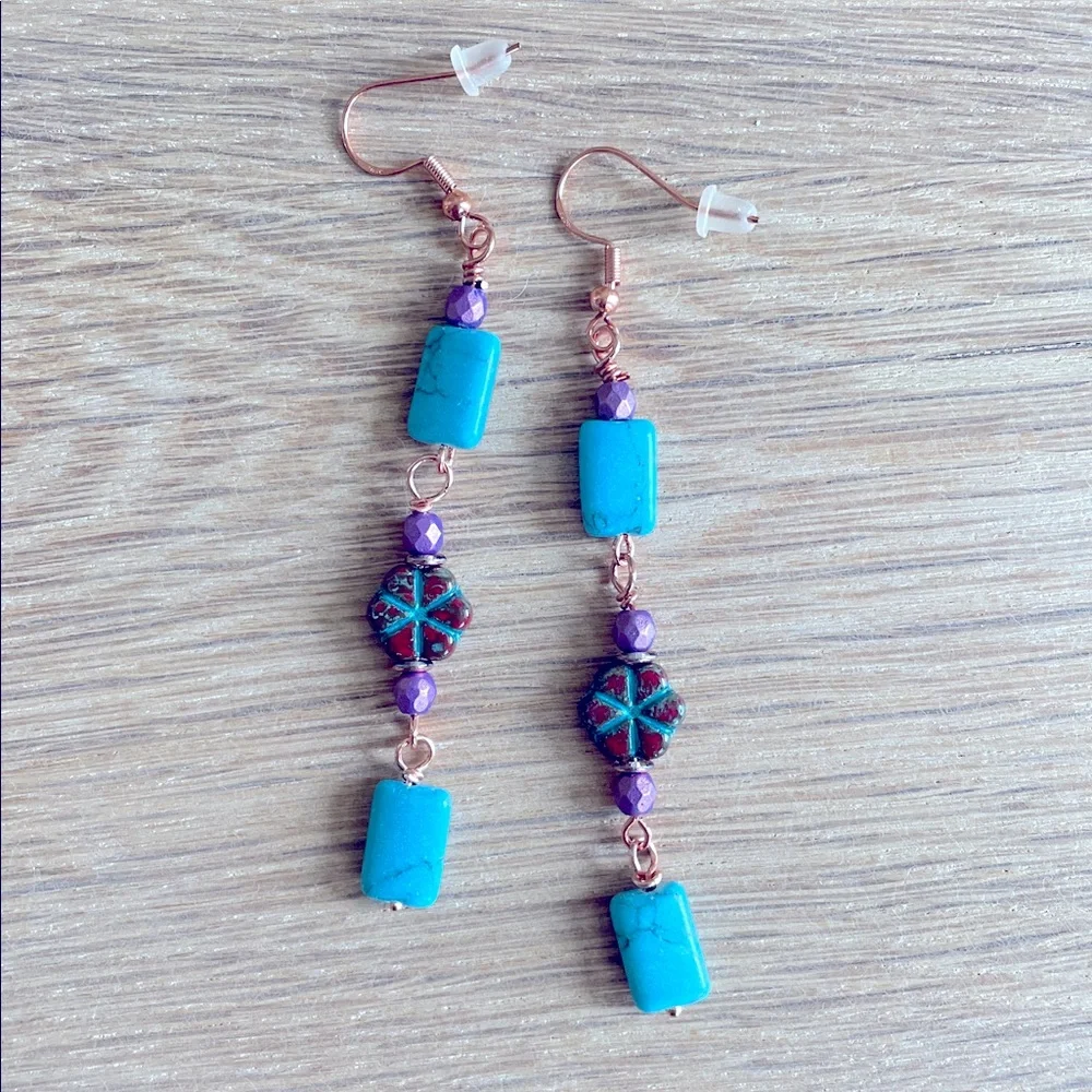 HAND CRAFTED TURQUOISE AND CZECH GLASS EARRINGS Copper Turquoise Purple Dangles